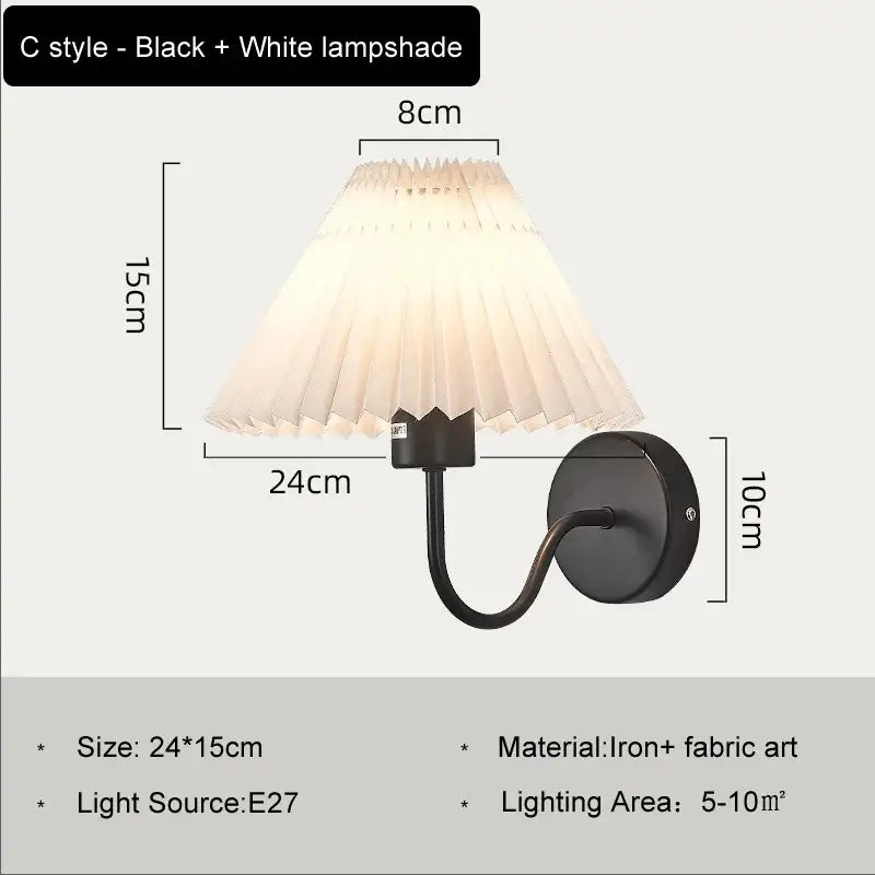 Black iron c-style wall lamp with pleated white decorbites cloth lampshade led for bedroom living room decor