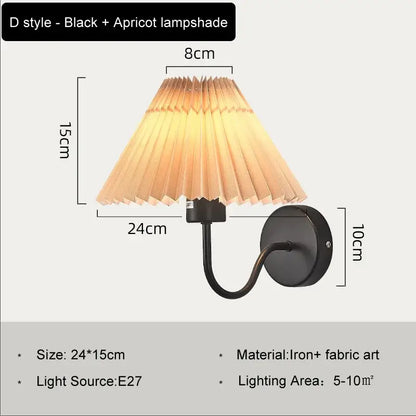 Black iron wall lamp with apricot pleated decorbites cloth lampshade led for bedroom and living room decor