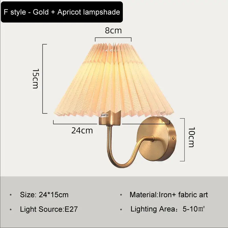 Gold-finished f-style wall lamp with apricot pleated decorbites cloth lampshade led for bedroom living room decor