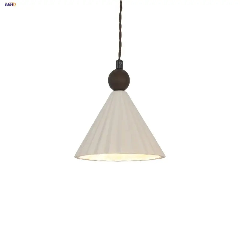 Pleated white fabric pendant light with dark brown twisted cord and ceramic wood fixture for decorbites ceramic wood pendant decor