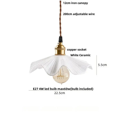 Pleated white fabric pendant light with white ceramic shade gold copper socket and e27 led bulb for decorbites ceramic wood decor