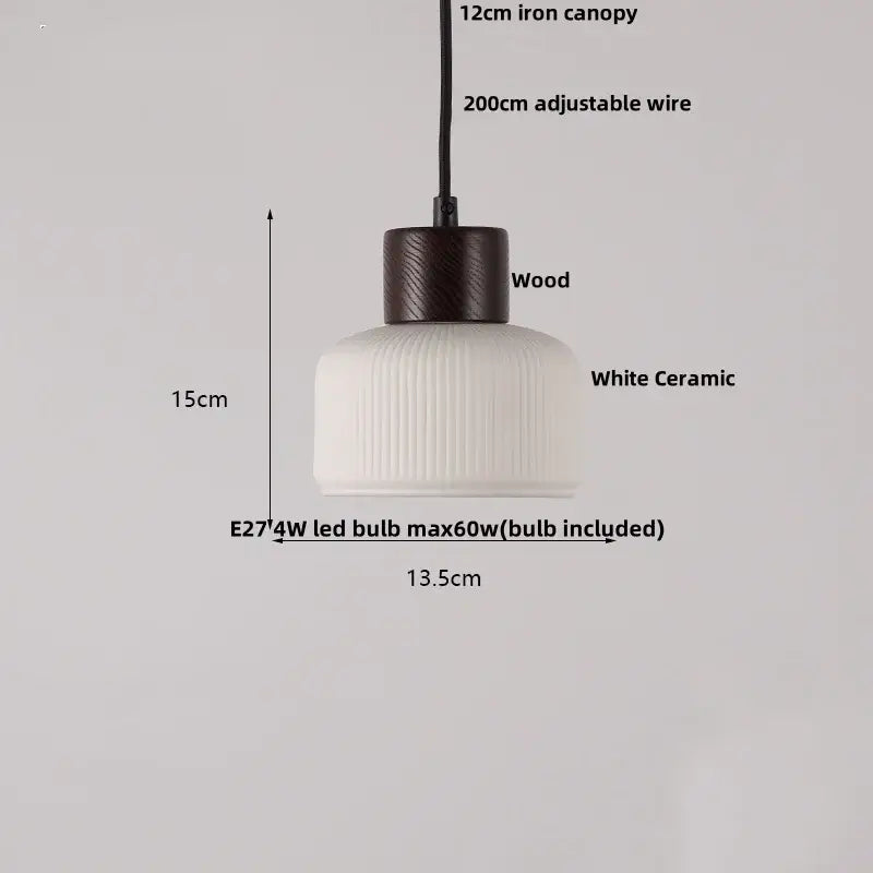 Pleated white fabric pendant light with ribbed ceramic and dark wood accent decorbites ceramic wood pendant for bedroom decor