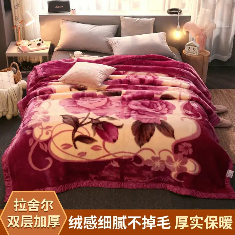 Plush deep magenta raschel blanket with velvety texture and embroidered floral pattern for decorbites winter raschel bedroom throw