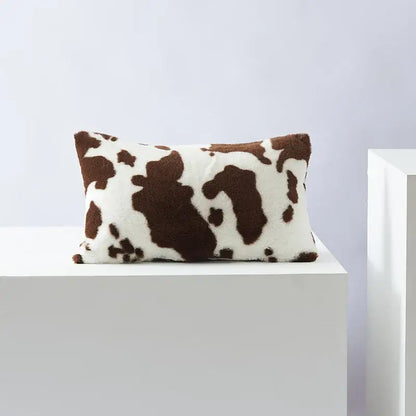 Plush rectangular cushion cover with brown white cow print soft faux fur for decorbites black white flower living room decor