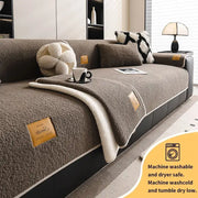 Plush brown and cream lamb fleece sofa mat with soft plush texture for living room cover
