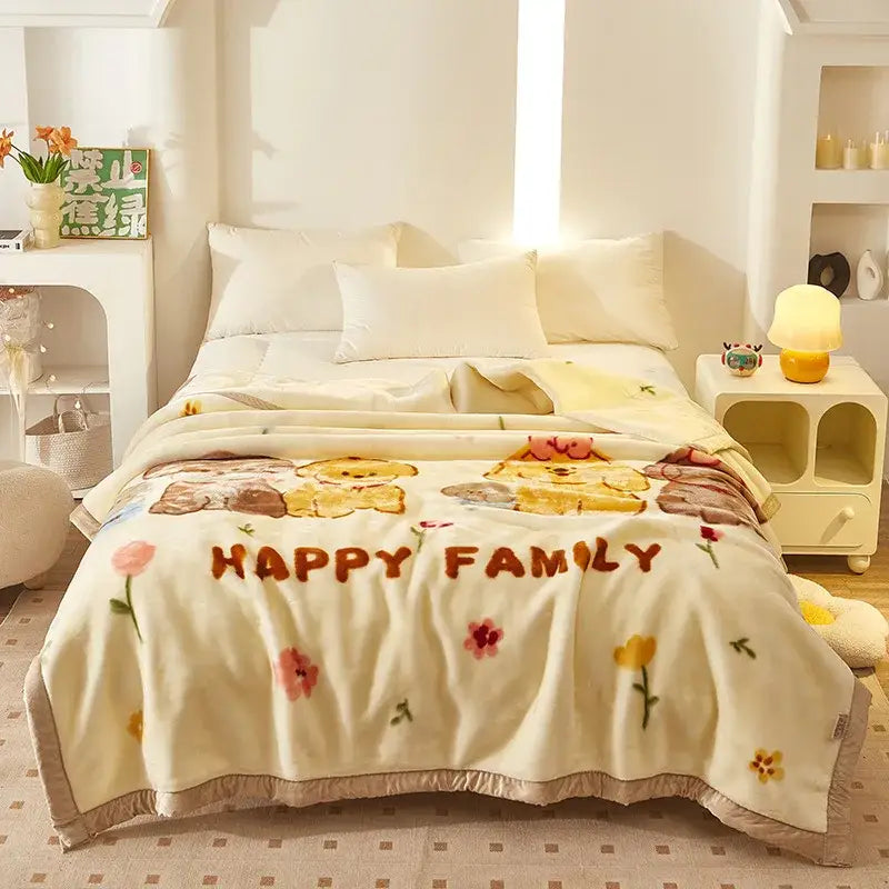 Cream-colored plush double layer raschel blanket with embroidered bears floral patterns and happy family text in brown lettering