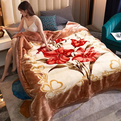 Plush cream double layer raschel throw blanket with vibrant red floral patterns and gold accents for bedroom use