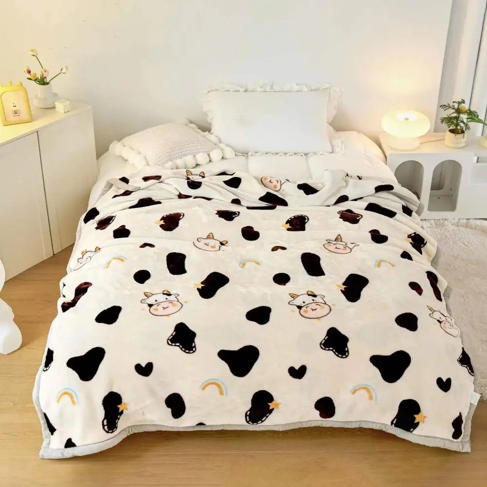 Plush cream and brown geometric double layer raschel blanket with playful black cow faces hearts and rainbows pattern