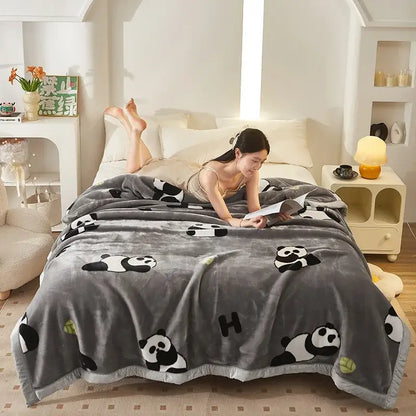 Gray plush double layer raschel blanket with black and white panda illustrations and green tennis balls soft texture