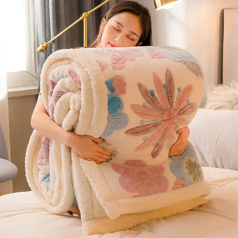 Plush cream fleece wool blanket with soft pink and blue floral embroidery for bedroom use