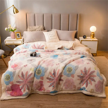 Plush cream fleece wool blanket with vibrant pink blue and green floral patterns for bedroom use
