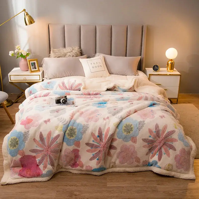 Plush cream floral fleece wool blanket featuring vibrant pink blue and green patterns ideal for bedroom use