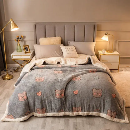 Plush cream floral fleece wool blanket in gray with pink bear and heart patterns and soft white fleece border for bedroom