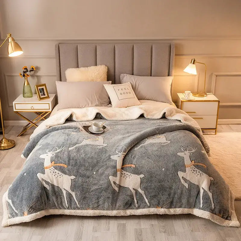 Gray fleece wool blanket with white deer patterns soft fluffy texture ideal for bedroom use
