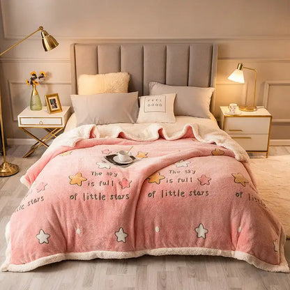 Plush cream floral fleece wool blanket with pink embroidered stars fleece wool blanket featuring white fleece trim