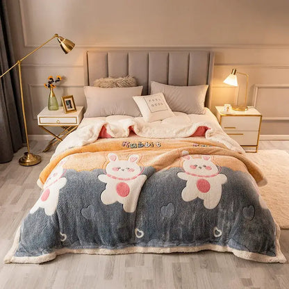 Soft gray and orange fleece wool blanket with embroidered white rabbits and cream floral fleece border for bedroom use
