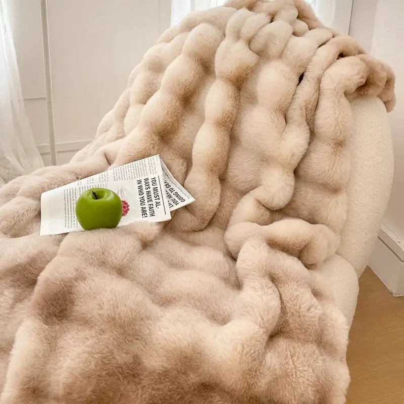 A plush cream double layer faux fur throw blanket with chunky knit texture from decorbites gradient pink collection