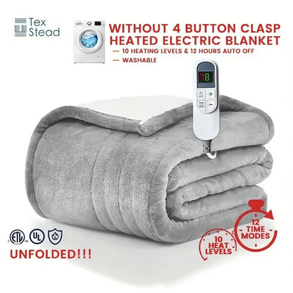 Gray plush electric heated blanket with white remote control displaying 18 for bedroom use with auto shutoff