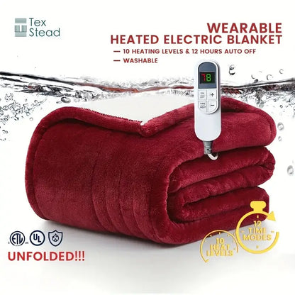 A plush deep red tex electric heated blanket with white control unit and auto shut off for bedroom use