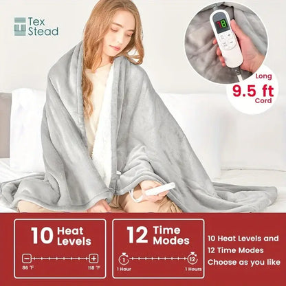 Gray plush electric heated blanket with white control unit 10 heat levels 12 time modes by tex stead