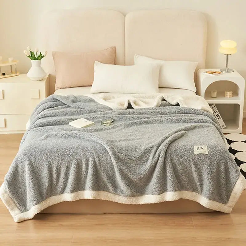 Soft gray plush coral fleece blanket with cream fleece border by decorbites for cozy bedroom or sofa cover
