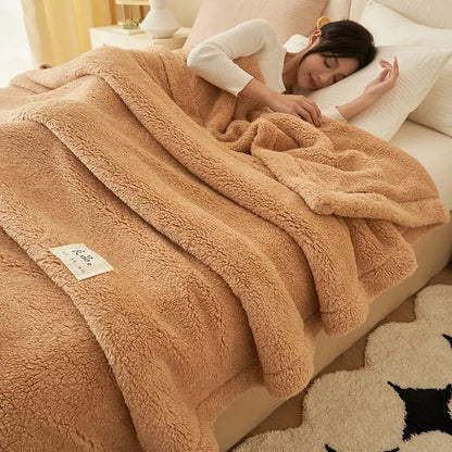 A cozy tan faux fur coral fleece blanket with a soft plush texture and white label for decorbites coral fleece use