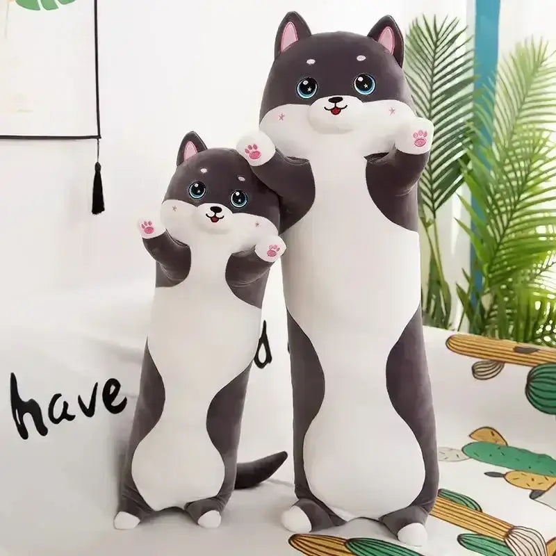 Cute black and white plush shiba inu pillow toys with pink paw pads and blue eyes complement a sleeping body pillow decorbites husky