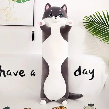 Plush gray and white cat sleeping body pillow with blue eyes and pink ears for decorbites husky bedroom decor