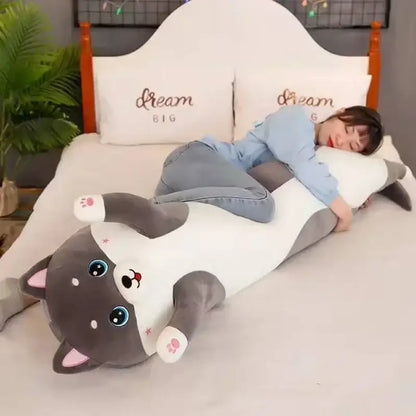 Plush gray and white cat sleeping body pillow with blue eyes and pink ears decorbites husky bedroom decor