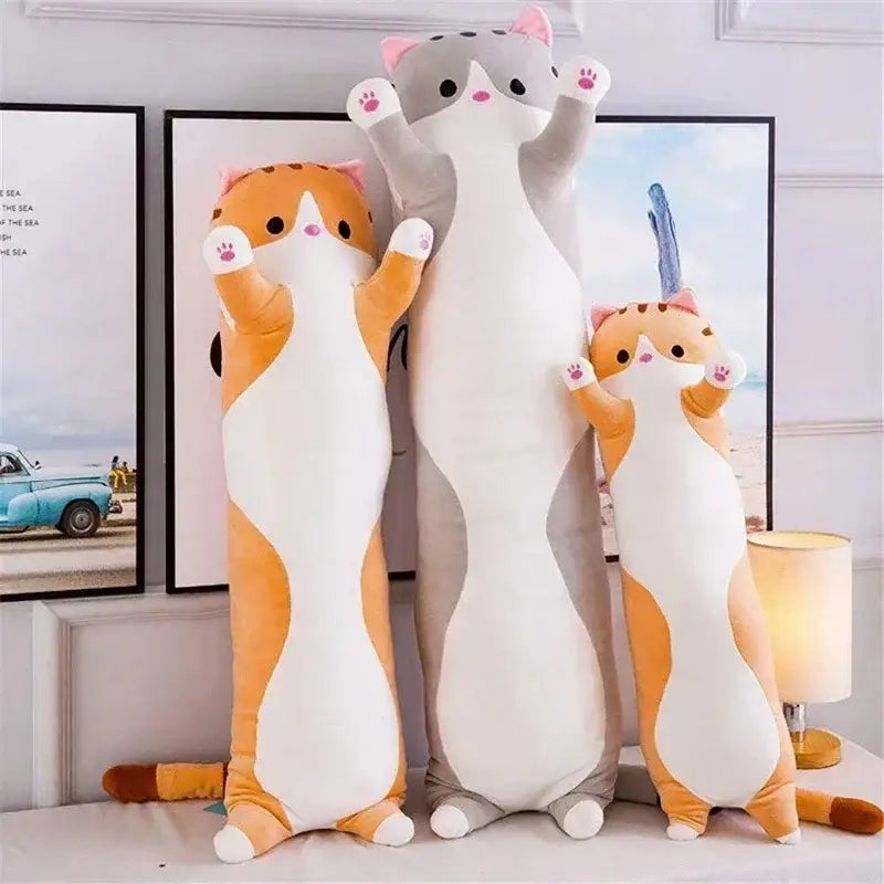 Plush gray and white cat sleeping body pillow made of soft fabric featuring orange white and gray white colors for decorbites husky