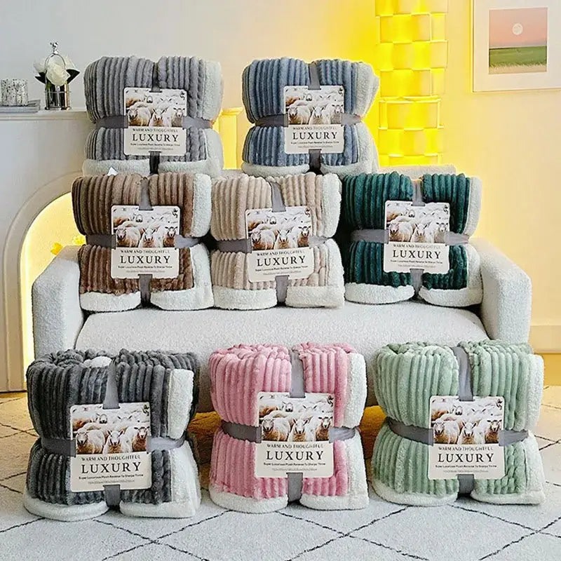 Soft plush blanket in gray with white inner lining and ribbed texture made of cozy lamb wool by decorbites cozy lamb