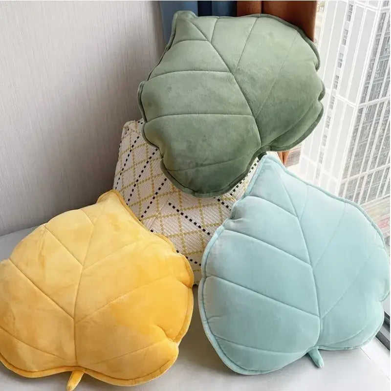 Plush leaf shaped throw pillows in sage green mustard yellow and mint blue perfect for living room decorbites 3d leaf decor