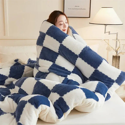 A plush navy and white cozy checkerboard duvet blanket made of soft fleece perfect for bedroom decorbites cozy checkerboard