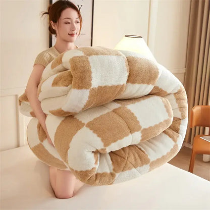 A plush cream and tan fleece duvet blanket with a soft textured surface from decorbites cozy checkerboard collection