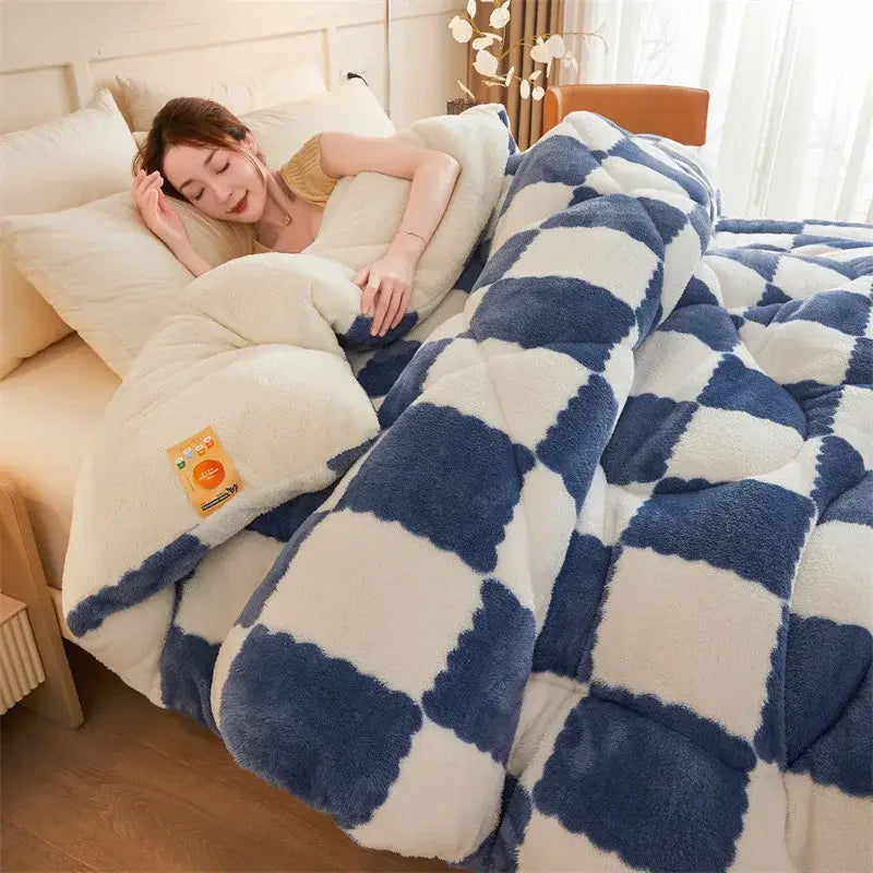 Blue and white checkered plush duvet blanket with soft fluffy texture from decorbites cozy checkerboard collection