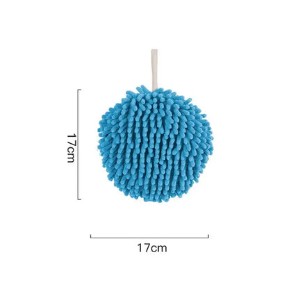 Bright blue round microfiber cleaning ball with wooden handle featured with plush orange beige decorbites cat kitchen hand towel