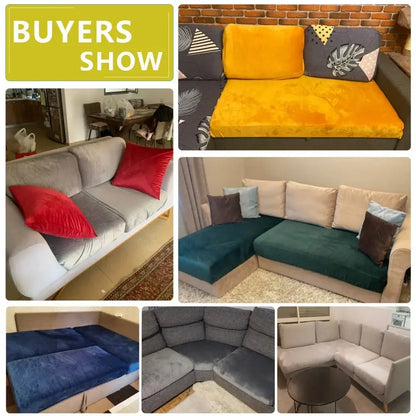 A cozy mustard-yellow velvet sofa with plush texture and leaf pattern decorative pillows in living room setting