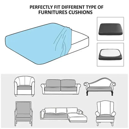 Light blue stretchy fabric cushion cover designed to fit various furniture types as a living room protector