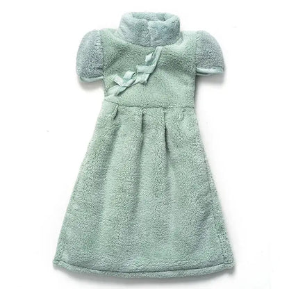 A soft mint green plush dress with high collar and puffed sleeves shown with decorbites coral fleece cheongsam hand towel