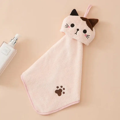 Soft pink plush cartoon cat hand towel with embroidered ears and paw print by decorbites for kitchen use