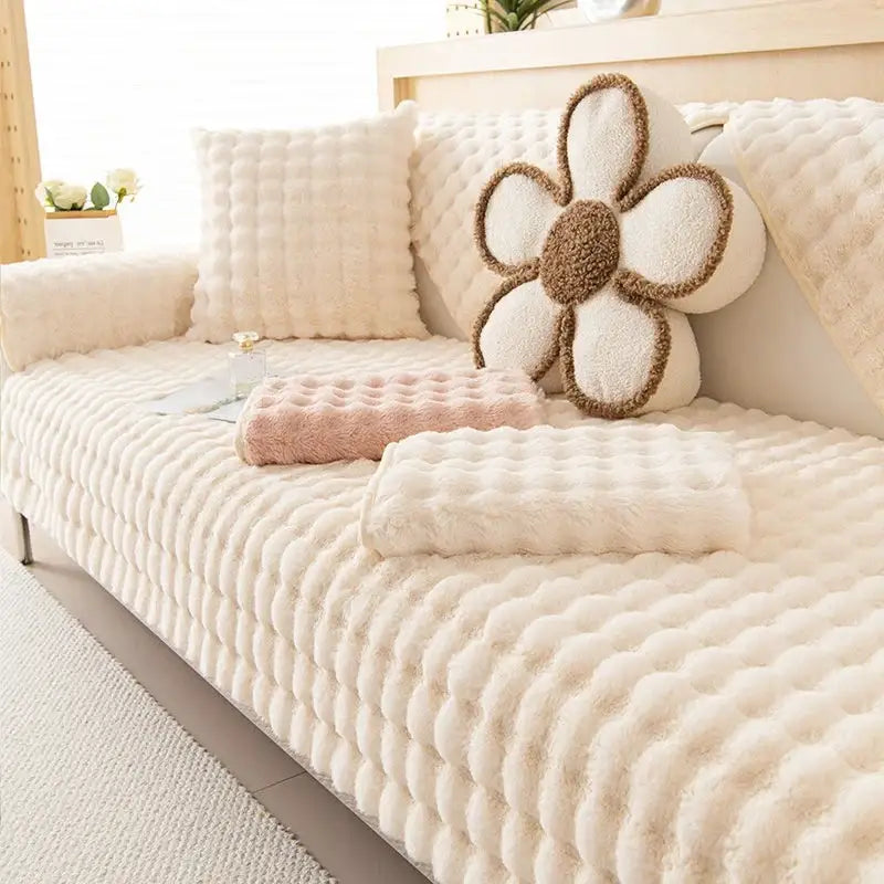 Cream-colored plush quilted sofa slipcover with bubble texture and soft rabbit fur for living room use