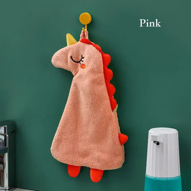 Pink plush unicorn hand towel with yellow horn red mane and feet made of double-layer coral velvet for kitchen use