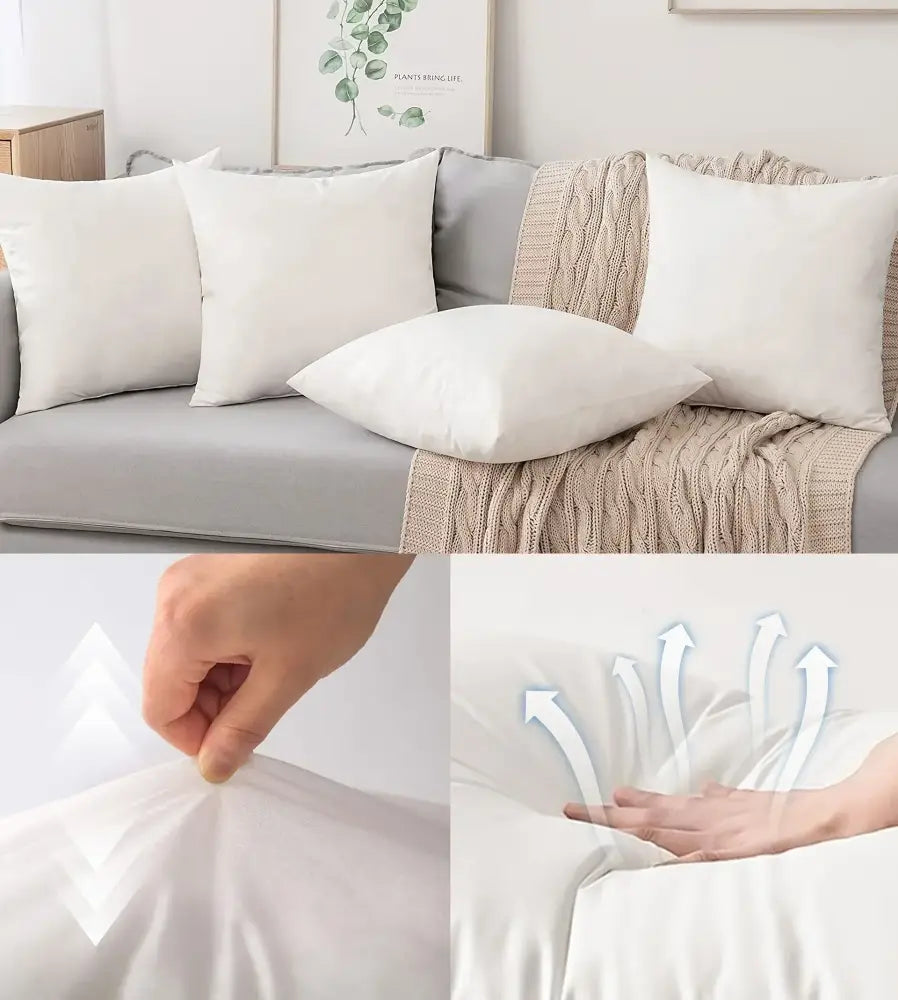 White plush throw pillow with soft goose feather insert and cozy knit blanket for bedroom and living room decorbites decor