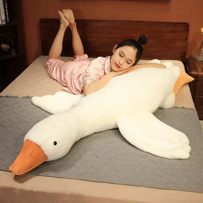 A plush white goose sleep body pillow with orange beak and feet made of soft fabric for decorbites goose sleep