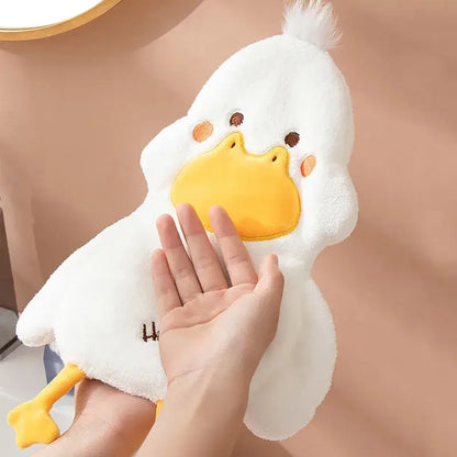 Plush white and gray duck terry towel with bright yellow beak and feet for kitchen cleaning use