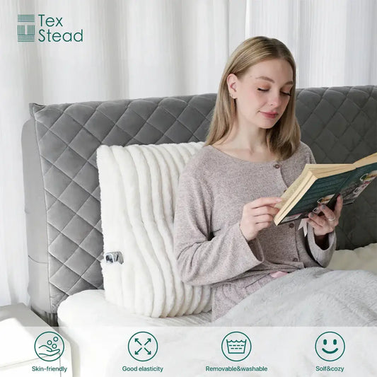 Plush white ribbed wedge pillow against quilted gray decorbites headboard wedge for bedroom reading support