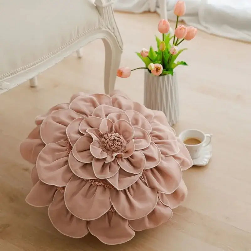 A plush blush pink and white 3d flowers pillow with layered fabric petals for home decor by decorbites flowers pillows