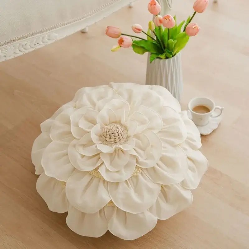 Cream-colored multi-layered fabric flowers pillow with textured center for home decor featuring decorbites 3d flowers