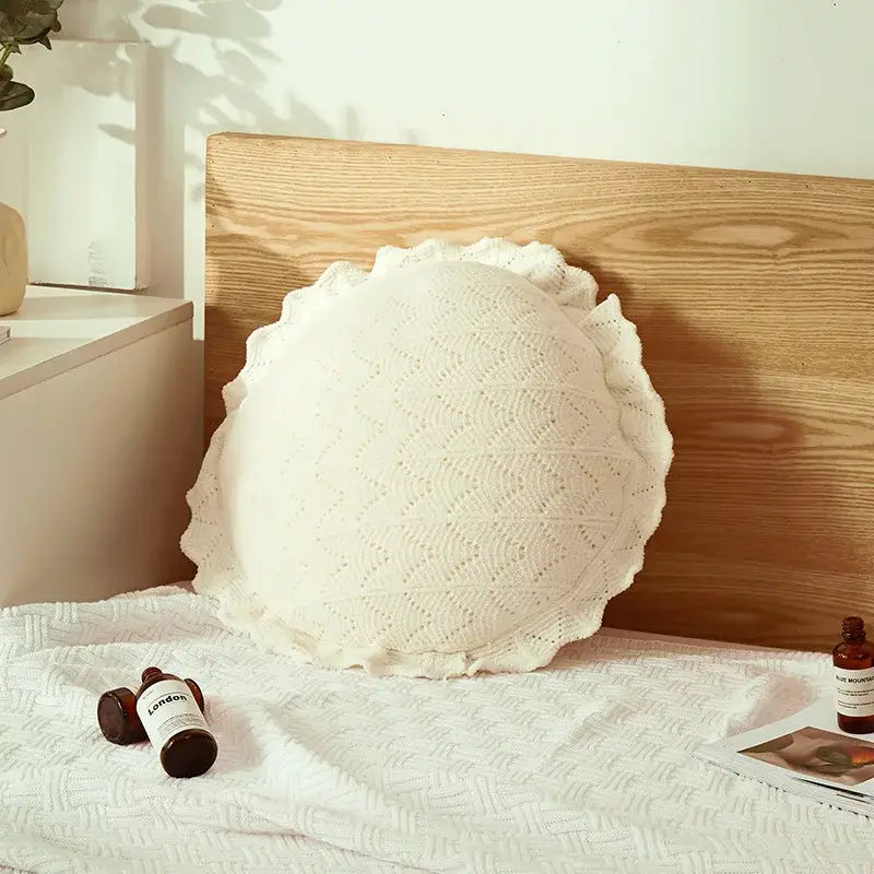 Cream-colored intricately crocheted circular pillow with scalloped edge for home decor and decorbites 3d flowers pillows