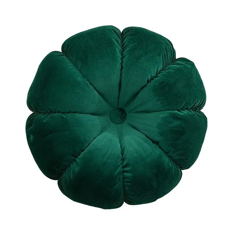 Deep emerald velvet flower-shaped cushion with quilted petals and button center for home decor by decorbites 3d flowers pillows